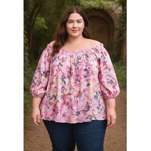 Zac & Rachel‎ Peasant Top Womens 2X Pink Floral 3/4 Pull Sleeve Boho Cottage NEW